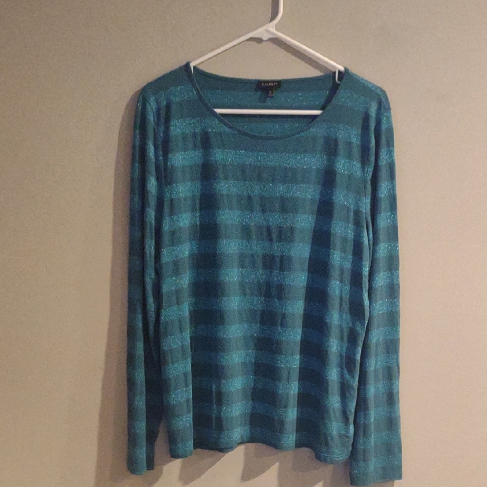Vintage Talbots Women's Xlarge Long Sleeve Stripe Teal Green  Glittery Top‎